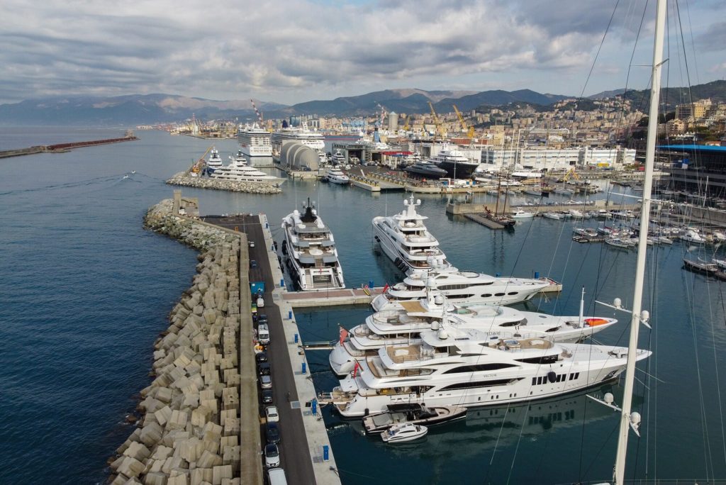 Aerial view of ship at dock in Genova Waterfront Marina