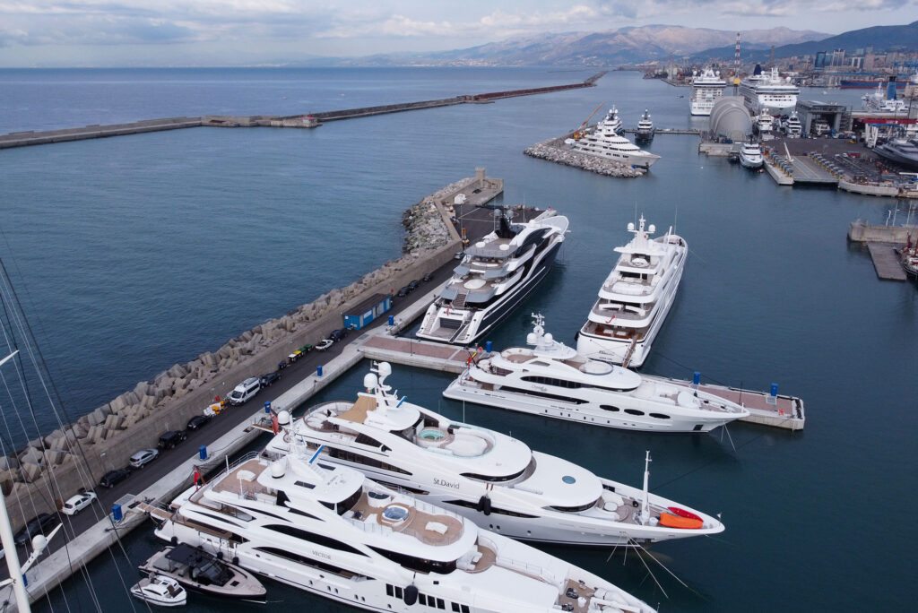 Yacht berthing in Genova Waterfront Marina Docks, aerial view