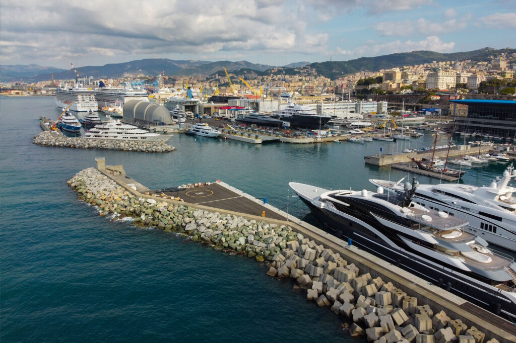 Yacht berthing in Genova Waterfront Marina Docks view from sea