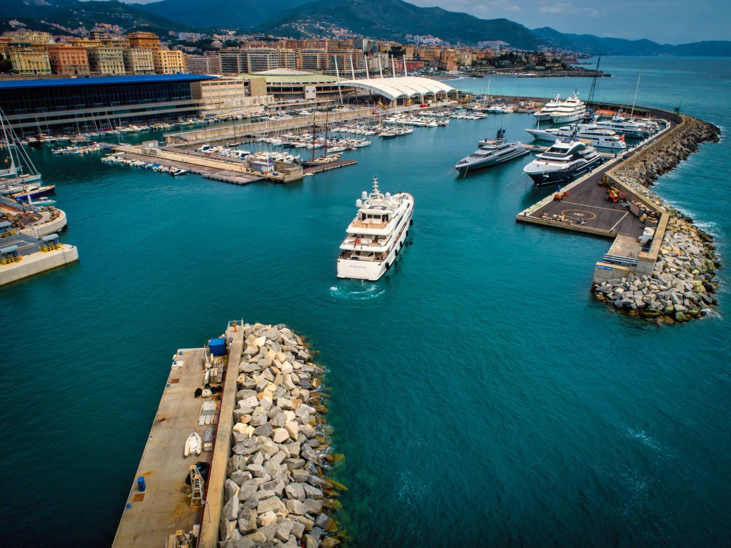 Panoramica view of Genova Waterfront Marina Docks, aerial view from the west
