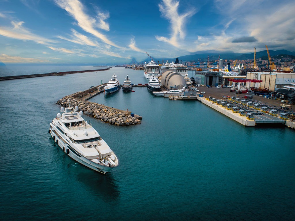 Panoramica view of Genova Waterfront Marina Docks, aerial view from the east