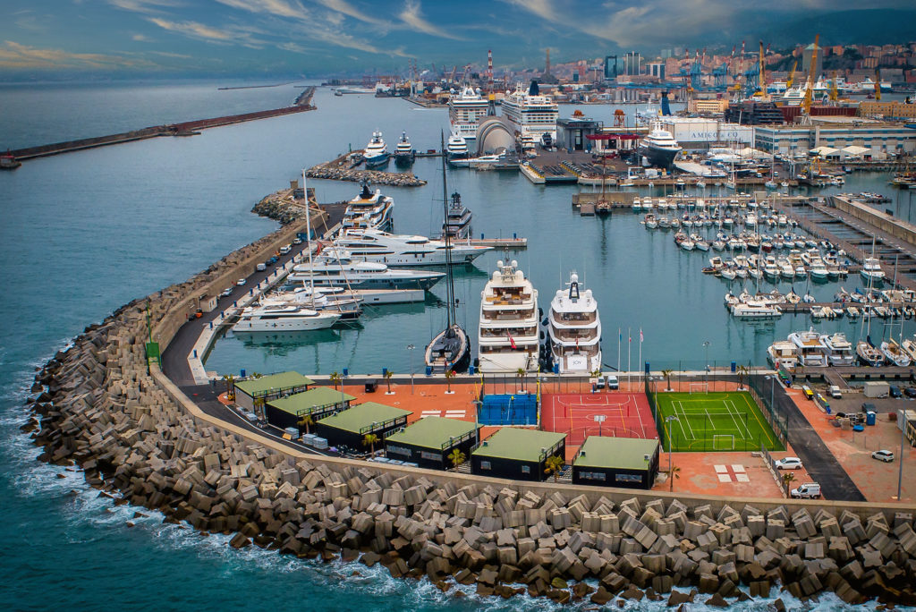 Panoramica view of Genova Waterfront Marina Docks, aerial view from the east