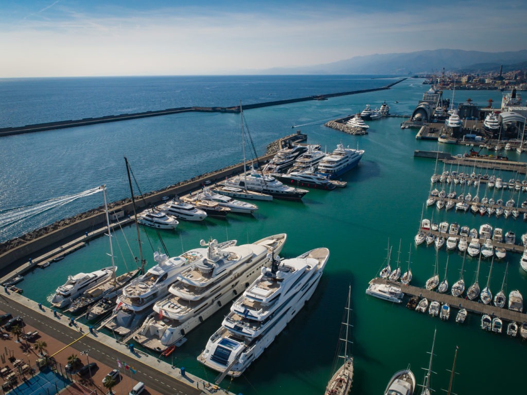 Panoramica view of Genova Waterfront Marina Docks, aerial view from the east