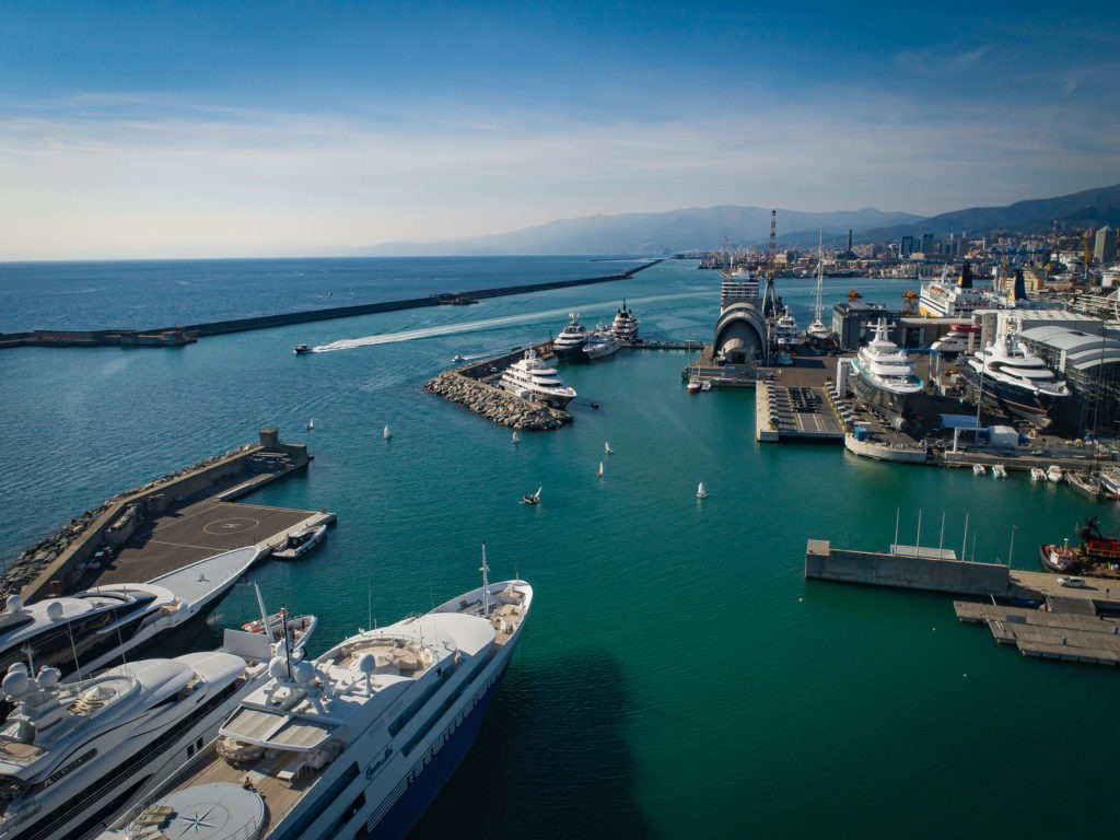 Panoramica view of Genova Waterfront Marina Docks, aerial view from the east