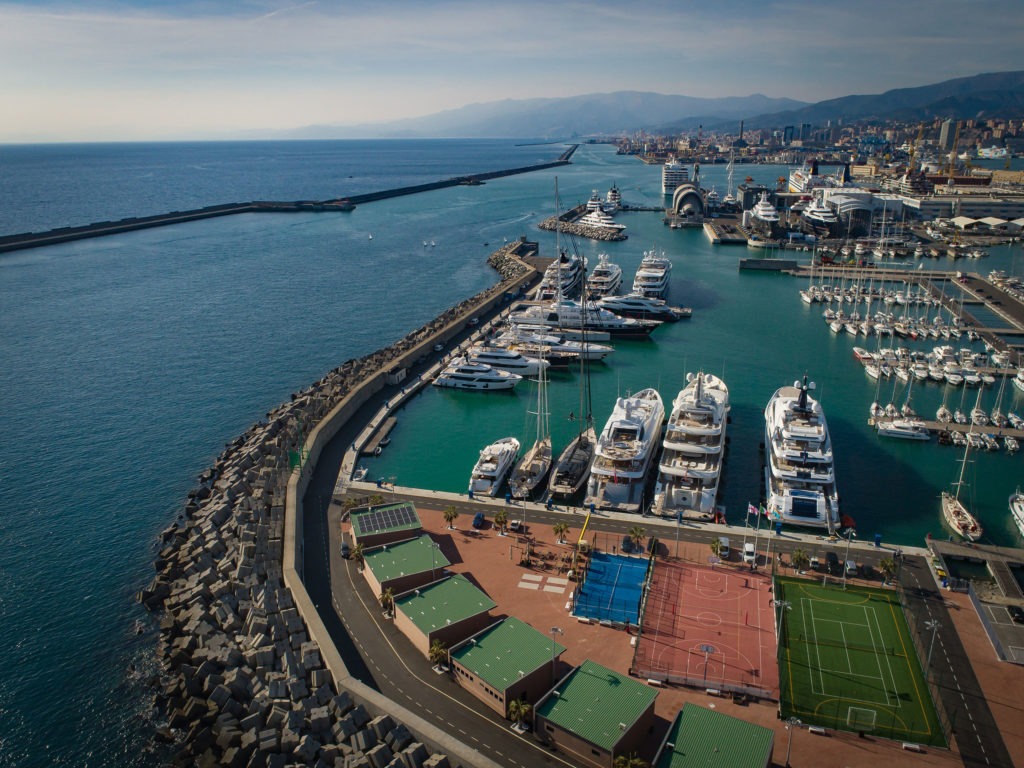 Panoramica view of Genova Waterfront Marina Docks, aerial view from the east